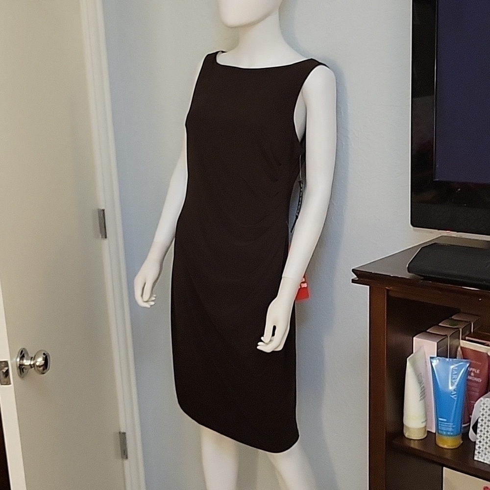 TRUE ENVY Chocolate Brown Ruched Sleeveless Bodycon Below Knee Boatneck Dress - Picture 2 of 9